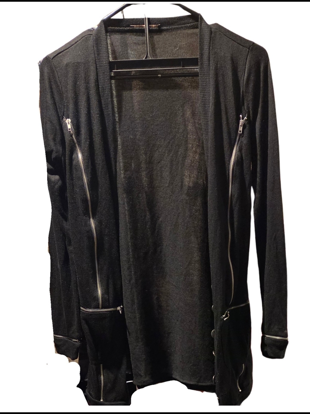 Black Open-Front Long Cardigan with Zipper Details
